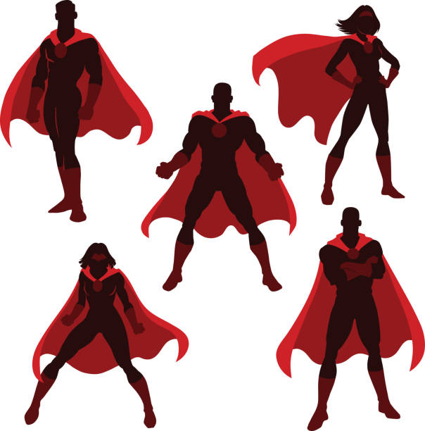 five superhero silhouettes in red and brown standing in battle poses