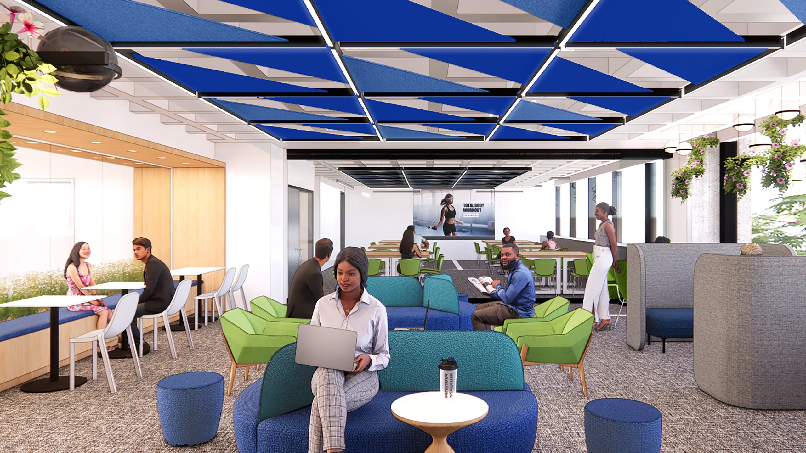 Digital rendering of the interior of the Wellbeing Lab with the blue, green, and grey modular furniture.